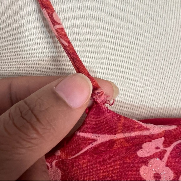 Vintage Y2K Spaghetti Strap Dress Beach Resort Asymmetric Red Ditsy Floral Midi - Picture 12 of 14